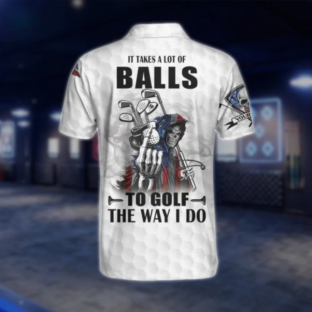 Custom It Take A Lot Of Balls To Golf The Way I Do Men's Patriotic Skull Golf Polo Shirts, Custom Funny Golf Shirts GOF0229