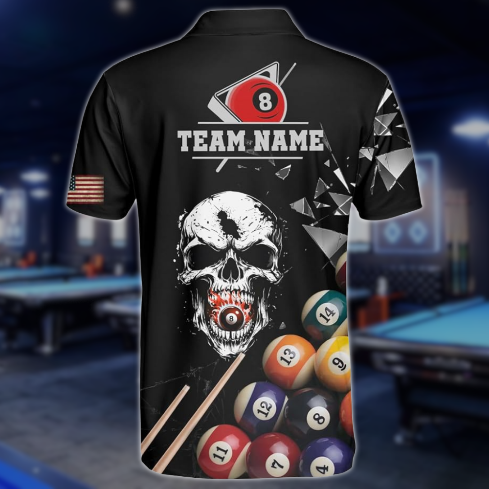 Custom Skull Black Billiard Polo Shirt Mens, Custom Skull Pool Billiard Team Shirts BLD0232