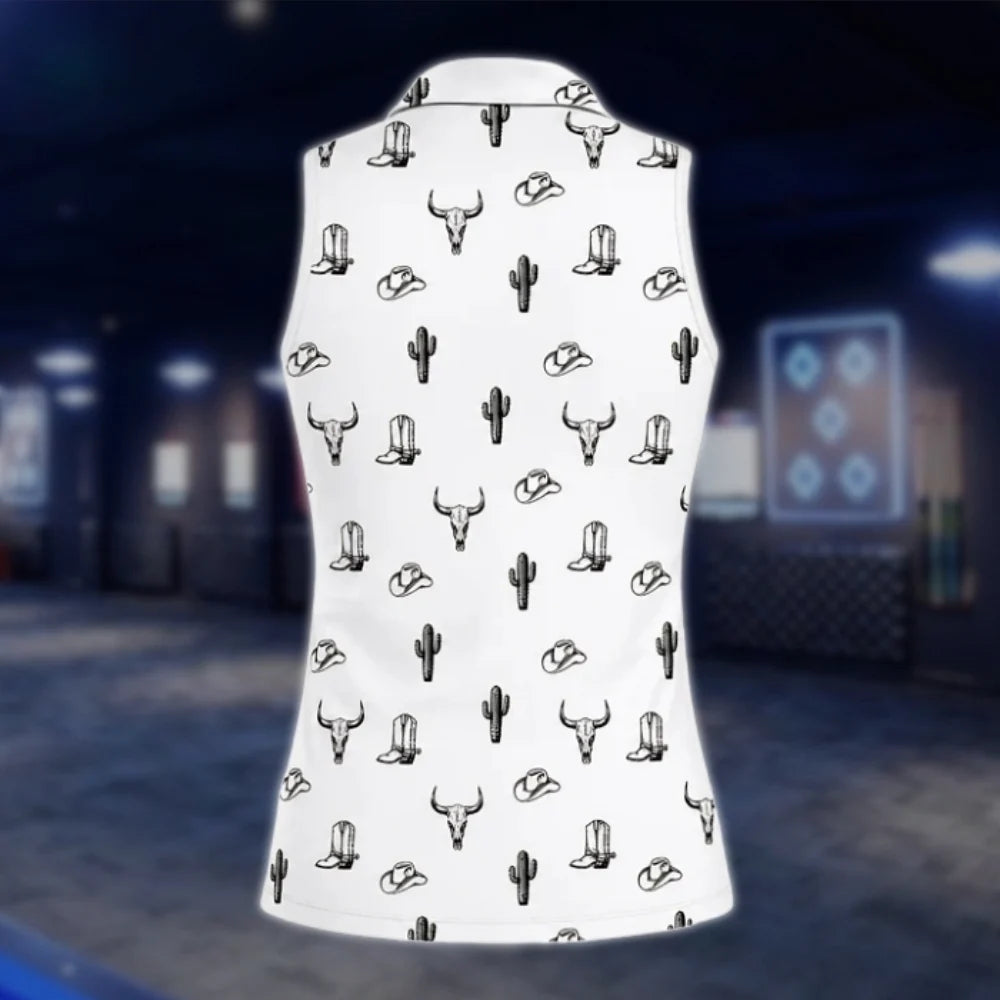 Women's White Western Sleeveless Golf Shirt, Cowgirl Westen Golf Shirt GOF0109