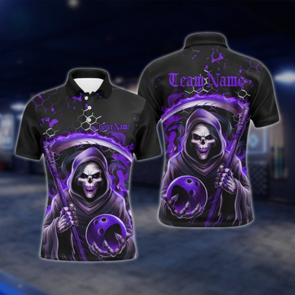 Skeleton Custom Mens Black Red Bowling Polo Shirt, Custom Skull Bowling Team Shirts BO0425 BOW0392