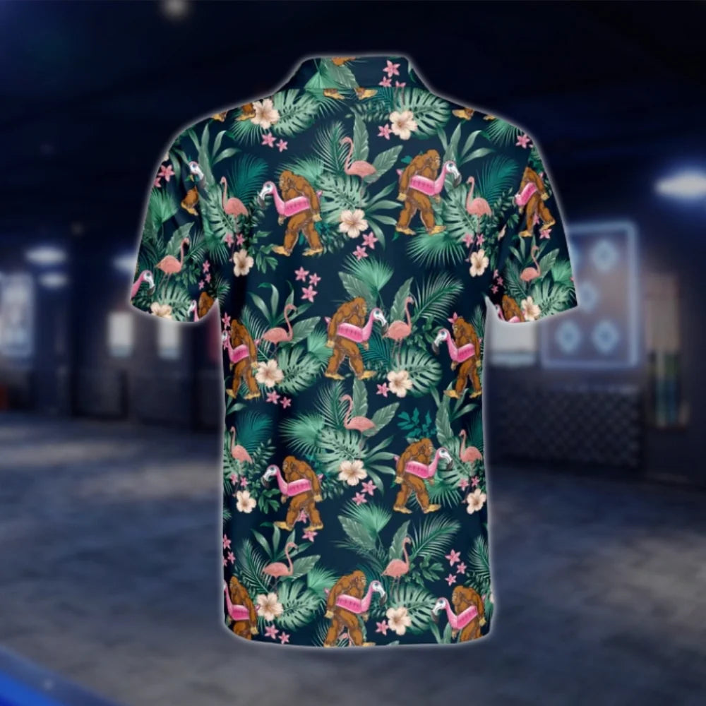 Bigfoot Flamingo Tropical Golf Polo Shirt For Men, Sasquatch Bigfoot Golf Shirt GOF0131