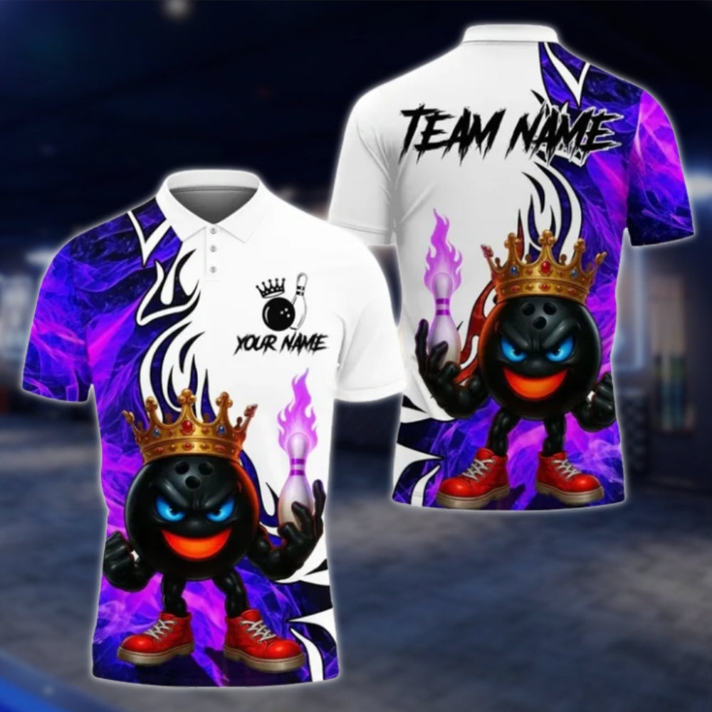 King Balll Fire Custom Mens Bowling Polo Shirt, Custom Flame Bowling Team Shirts BE0128 BOW0436