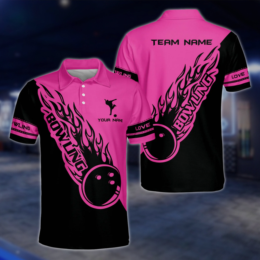 Personalized Blue Black Flame Ball Polo Bowling Team Shirts Men, Custom Team Flame Bowling Shirts BZ0224 BOW0433