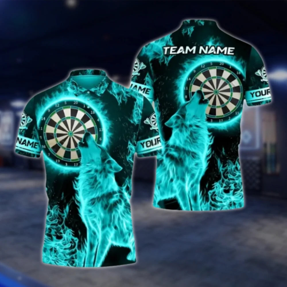 Wolf Blue Flame Custom Mens Dart Polo Shirt, Custom Wolf Team Darts Shirt DAT0420