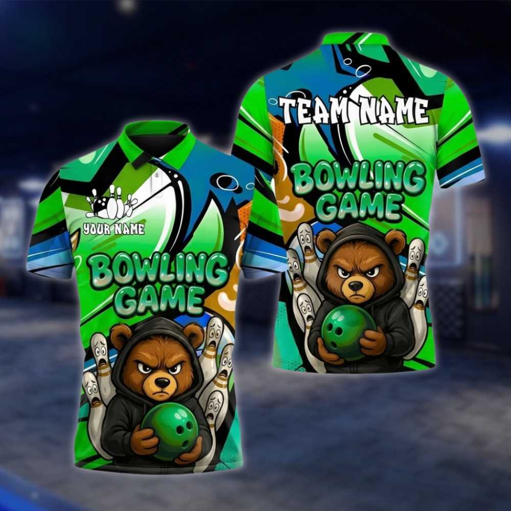 Personalized Angry Bear Bowling Polo Shirt Men, Custom Bear Bowling Shirts For Team BZ0856 BOW0092