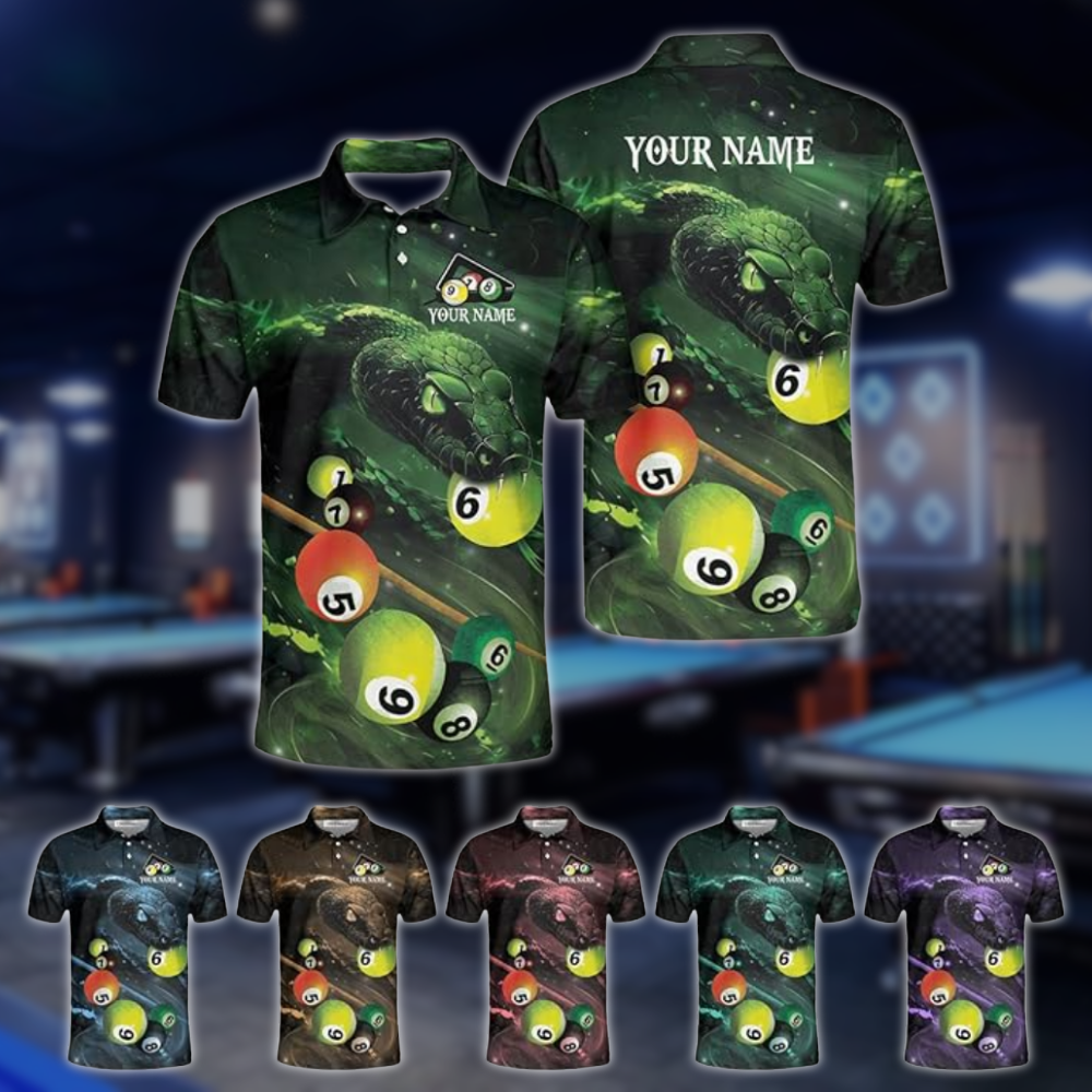 Custom Green Snake Billiard Men Polo Shirts, Custom Snake Pool Billiard Team Shirts BLD0266