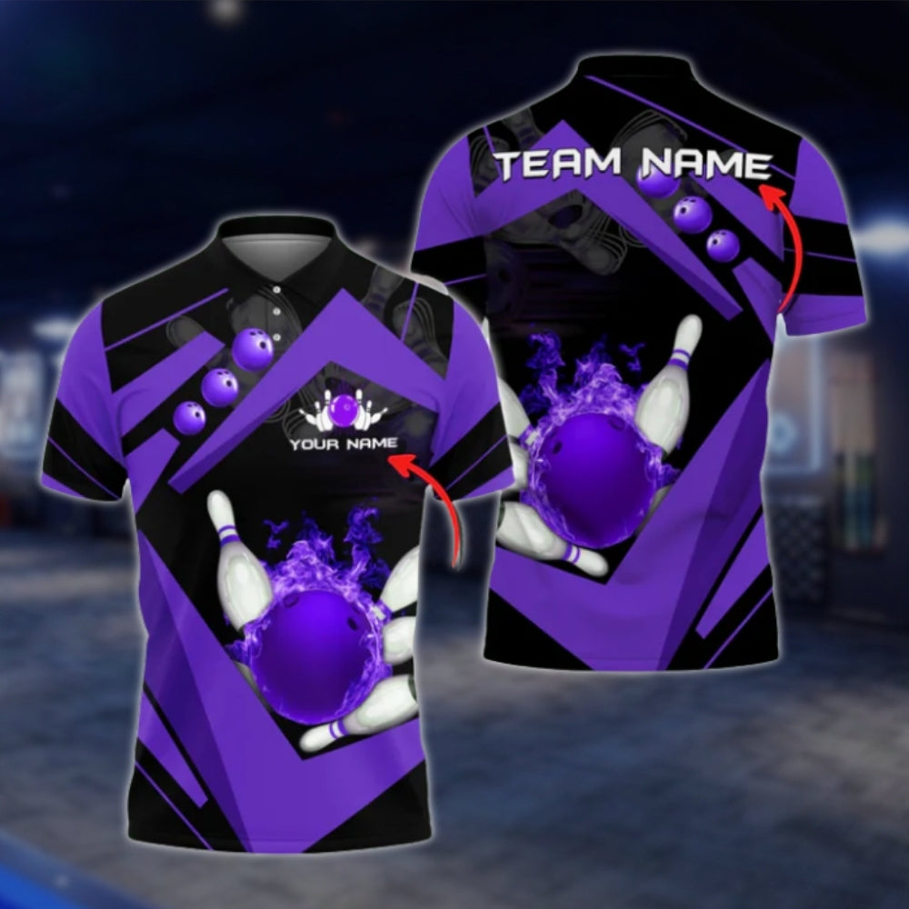 Custom Team Flame Ball Bowling Polo Shirt For Mens, Blue Black Custom Bowling Team Shirts BO0375 BOW0400