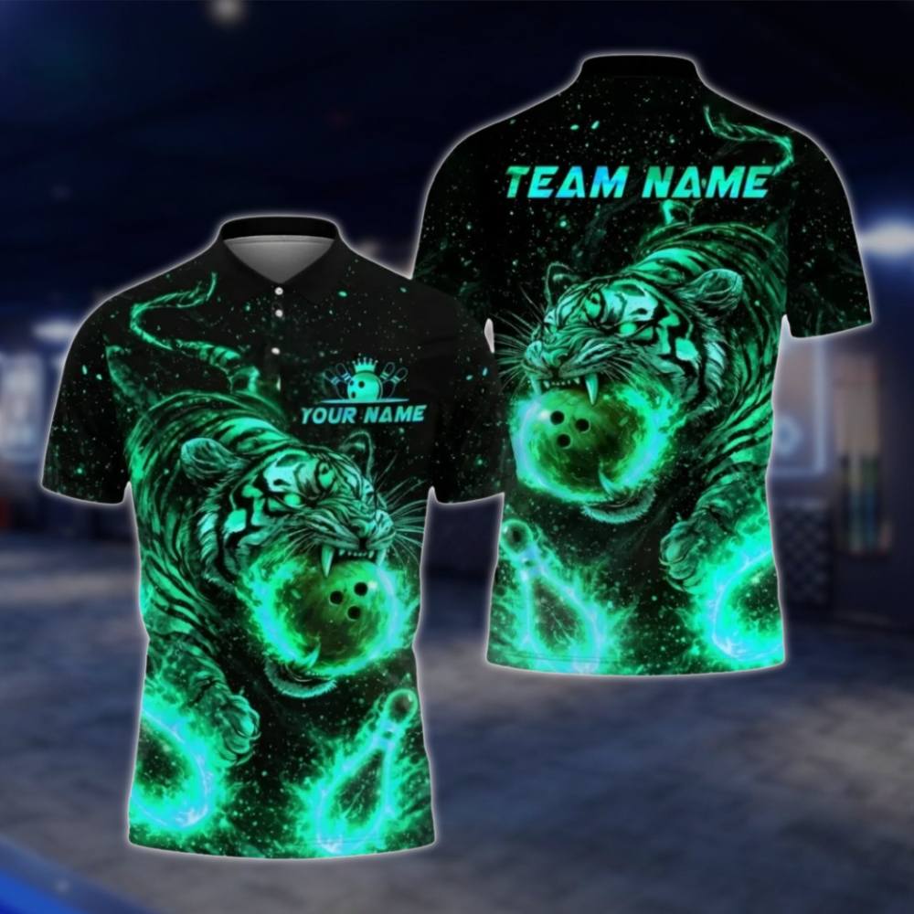 Personalized Tiger Flaming Ball Bowling Polo Shirt For Men, Custom Tiger Bowling Shirt Team BZ0805 BOW0101