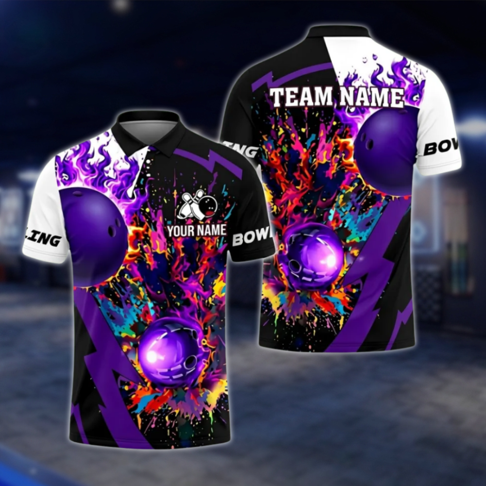 Custom Flame Ball Colorful Bowling Polo Shirts Men, Custom Flame Bowling Team Shirts SO1093 BOW0451