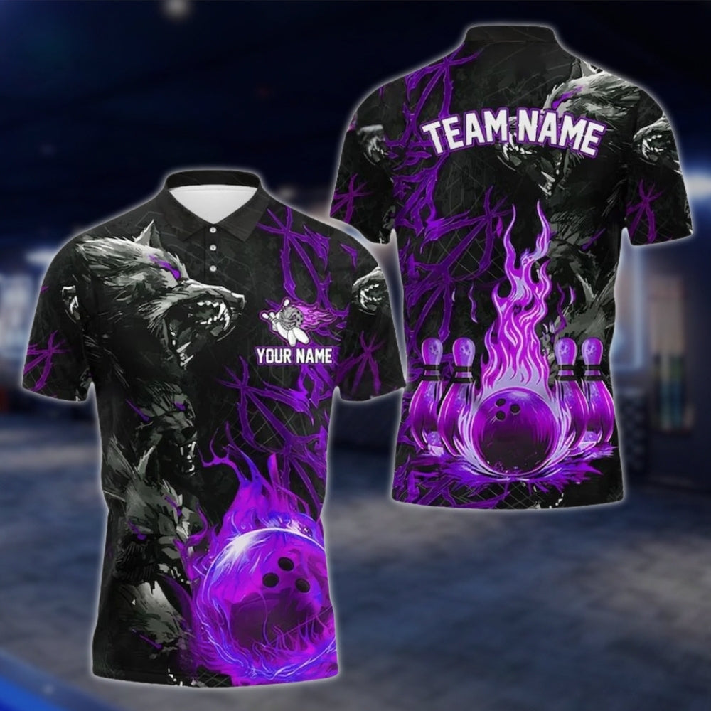 Custom Wolf Flame Ball Bowling Mens Polo Shirt, Custom Wolf Bowling Team Shirts BE0105 BOW0266