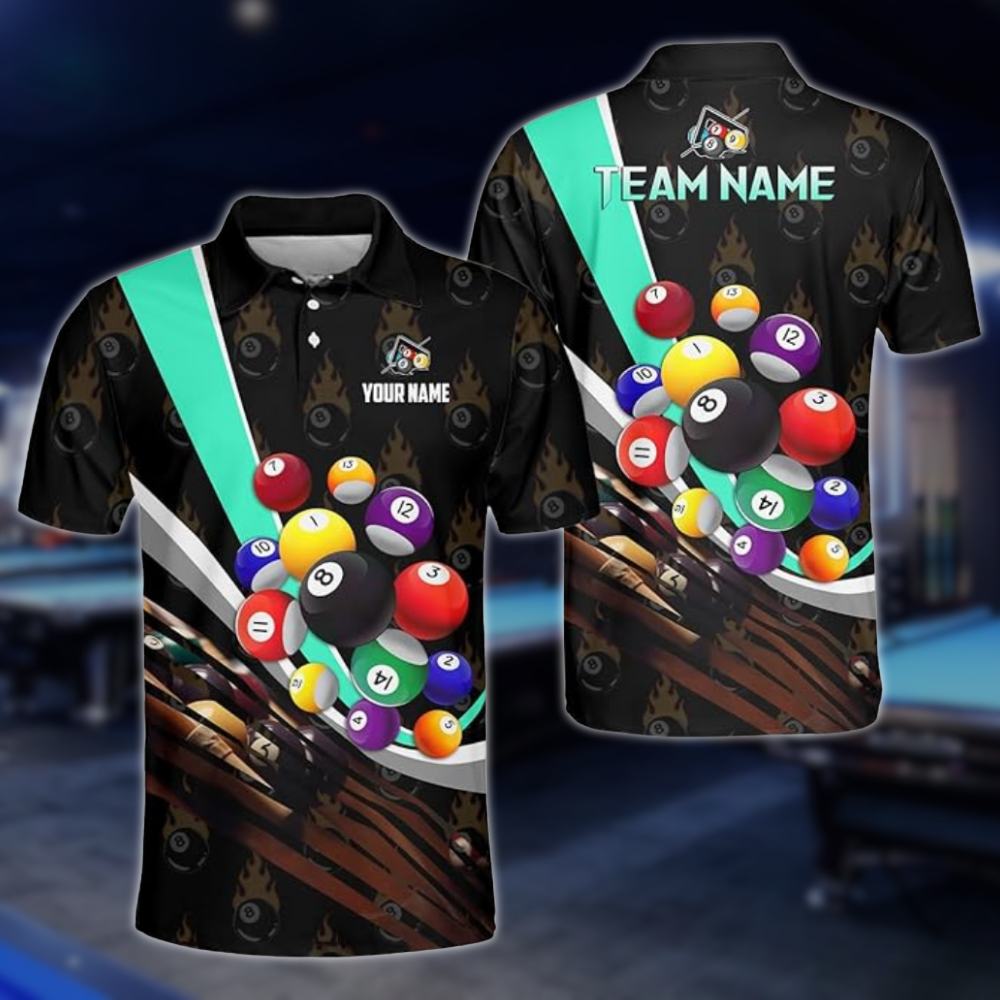 Flaming 8 Ball Custom Billiard Team Polo Shirts For Mens, Custom Pool Billiard Shirts BLD0222