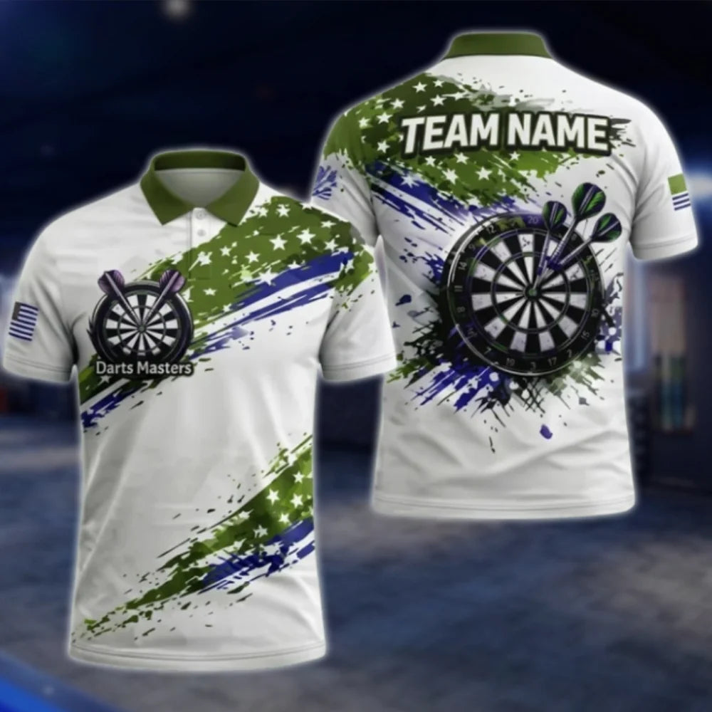 Custom USA Flag White Dart Mens Polo Shirt, Custom Patriotic Dart Team Shirts DAT0301