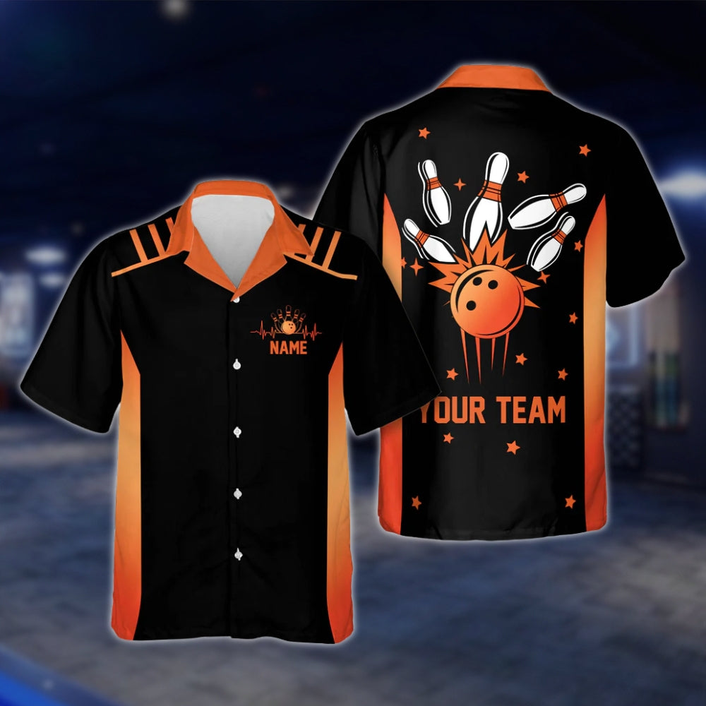 Custom Neon Blue Black Bowlng Hawaiian Shirt For Mens, Custom Team Bowling Shirts BE0017 BOW0349