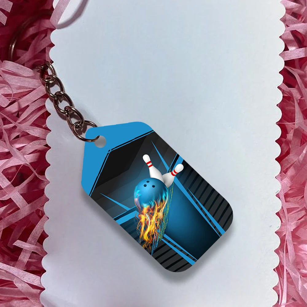 The Blue Bowling Ball in Flames Breaks White Skittles Personalized Name 3D Keychain ORN0166