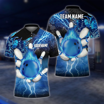 Personalized Flame Men's Blue Bowling Polo Shirt, Custom Team Flame Bowling Shirts BZ0734 BOW0001
