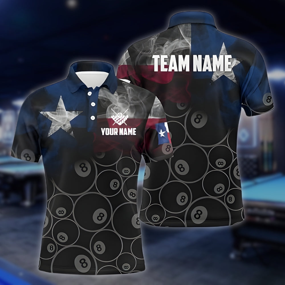 Custom Texas Flag 8 Ball Billiard Polo Shirt For Mens, Custom Texas State Billiard Team Shirts BLD0089