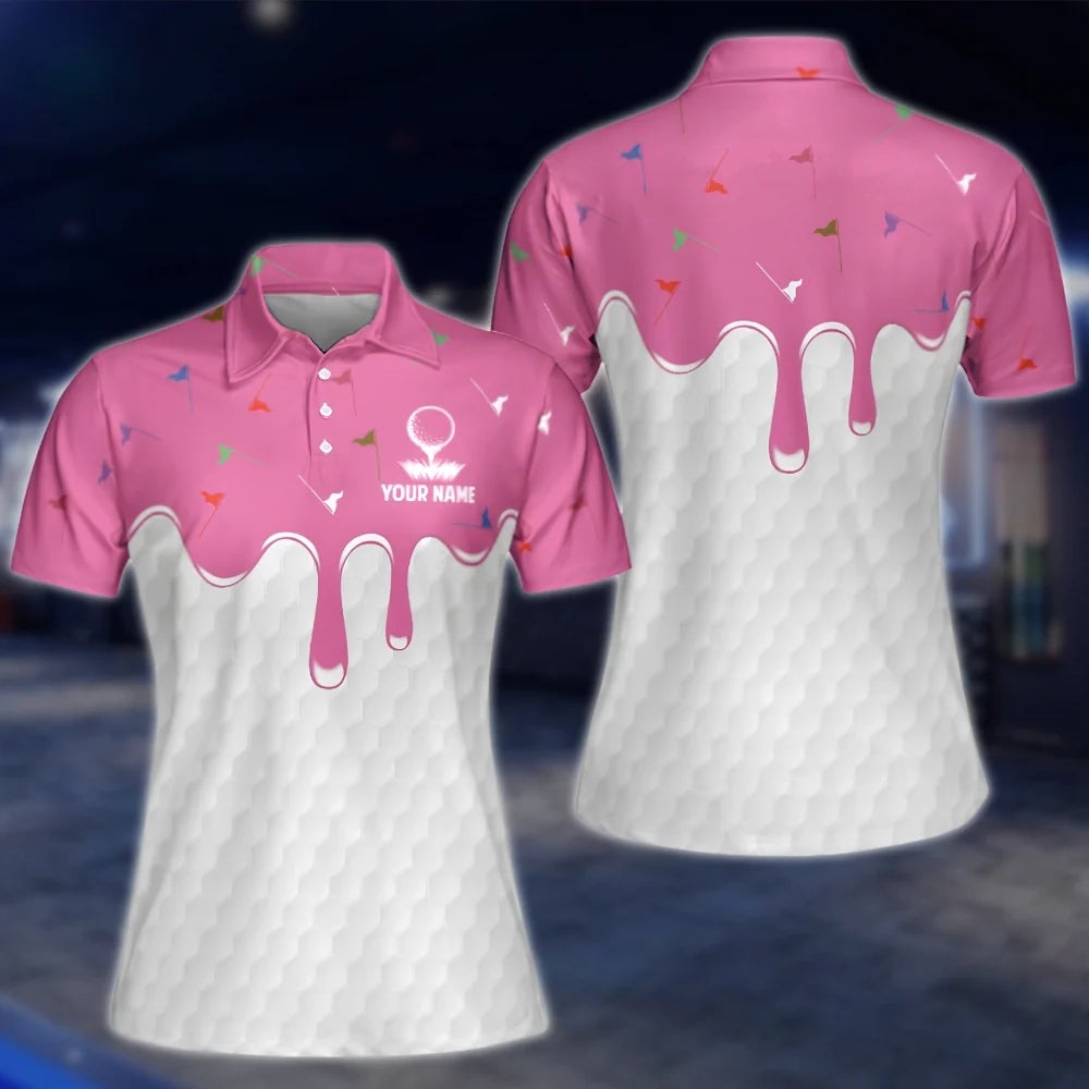 Personalized White And Pink Ice Cream Golf Polo Shirts Women, Custom Womens Ice Cream Golf Shirts GOF0300
