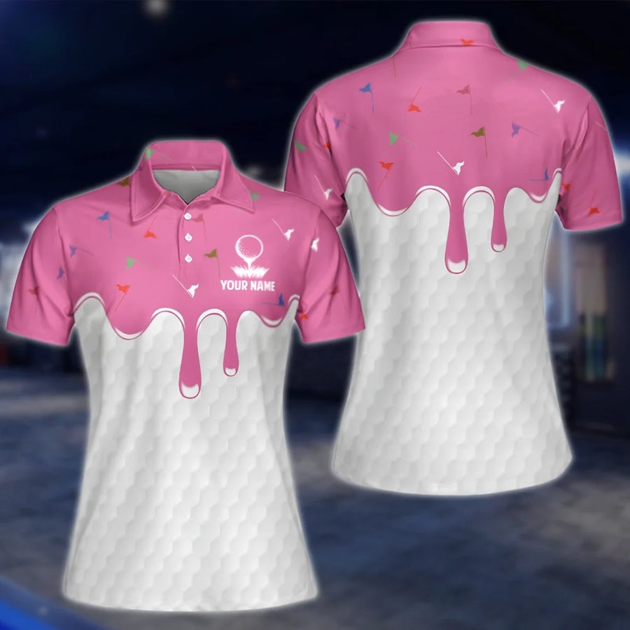 Personalized White And Pink Ice Cream Golf Polo Shirts Women, Custom Womens Ice Cream Golf Shirts GOF0300