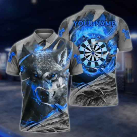Custom Wolf Blue Flame Dart Mens Polo Shirt, Custom Wolf Dart Team Shirts DAT0452
