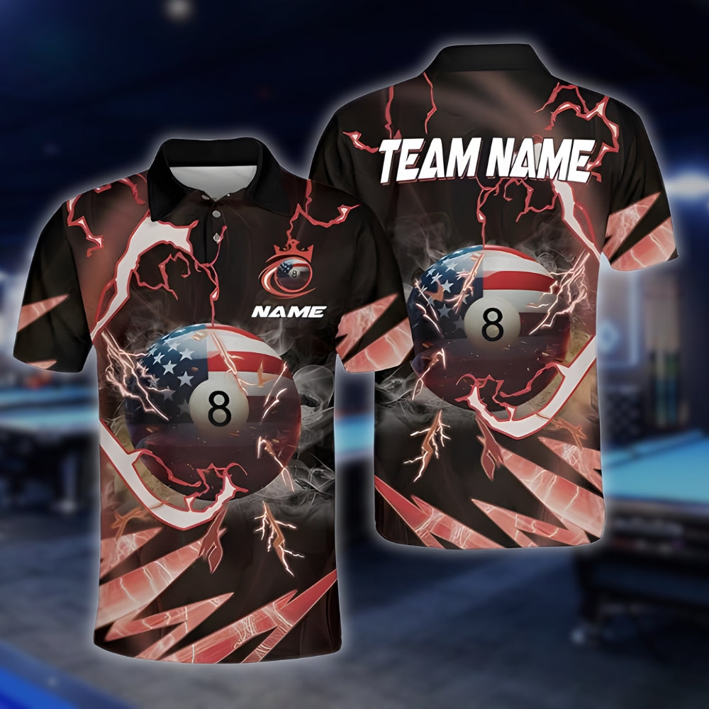 Custom USA Flag 8 Ball Billiard Polo Shirt Mens, Custom Patriotic Billiard Shirts For Team BLD0093
