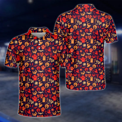 Spoolky Ghost Pumpkin Pattern Golf Polo Shirts For Men, Halloween Golf Shirt GOF0187