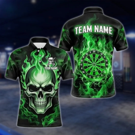 Skull Green Flame Custom Mens Dart Polo Shirt, Custom Skull Darts Team Shirts DAT0302