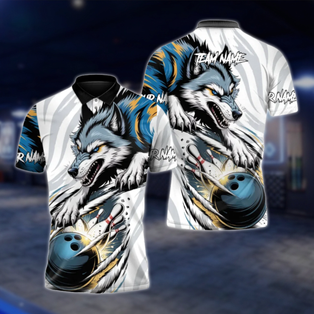 Personalized Wolf Blue And White Bowling Polo Shirt Men, Custom Wolf Bowling Team Shirt BZ0800 BOW0107
