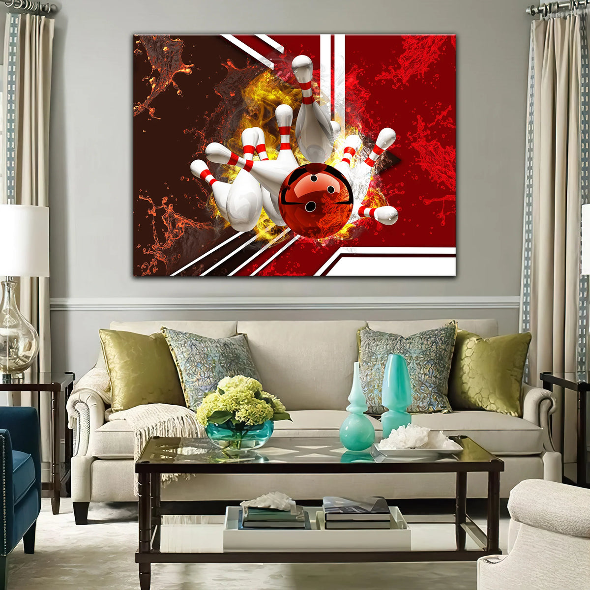 Red Bowling Ball On Fire Crashing Pins Graphic Printed Canvas Bowl Game Living Room Decor Gift For Bowlers ORN0131