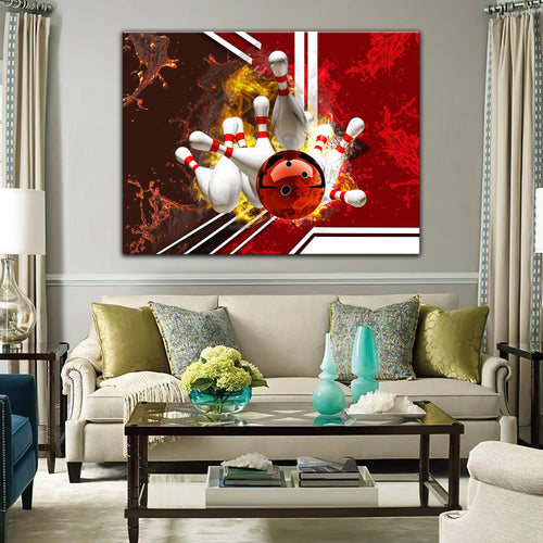 Red Bowling Ball On Fire Crashing Pins Graphic Printed Canvas Bowl Game Living Room Decor Gift For Bowlers ORN0131
