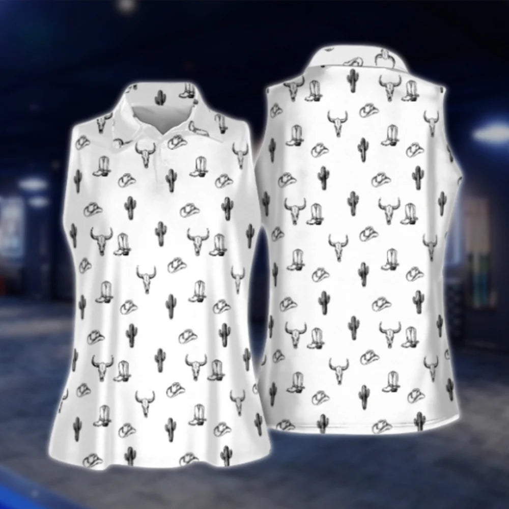 Women's White Western Sleeveless Golf Shirt, Cowgirl Westen Golf Shirt GOF0109