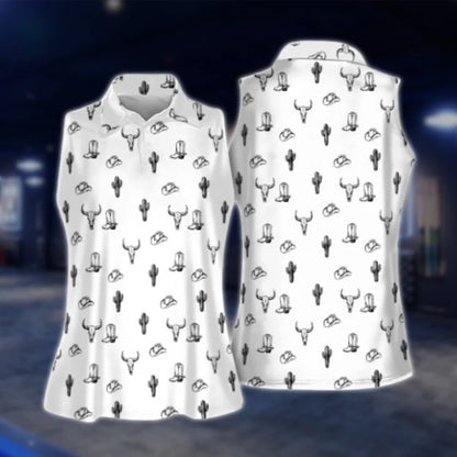Women's White Western Sleeveless Golf Shirt, Cowgirl Westen Golf Shirt GOF0109