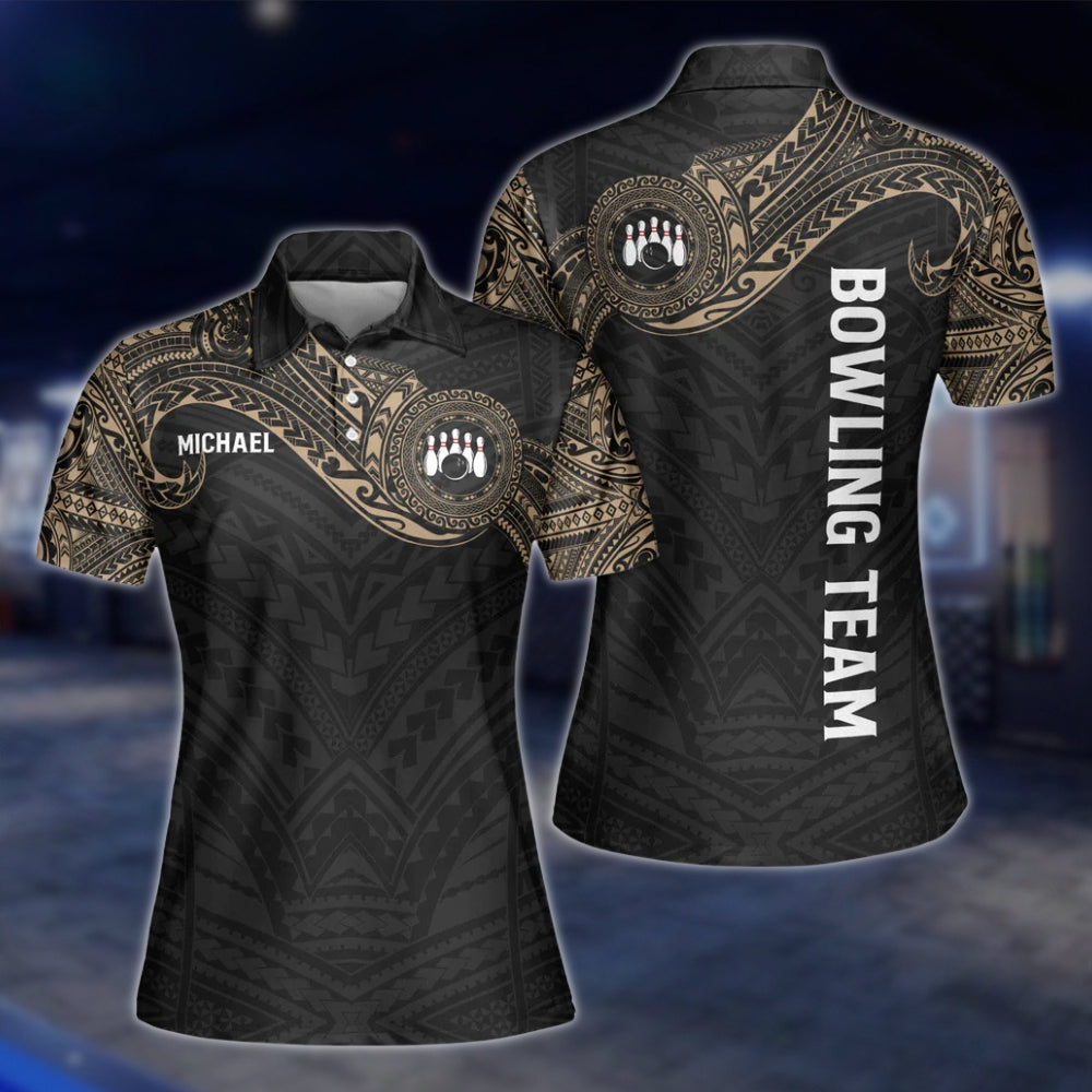 Custom Tribal Black Beige Womens Bowling Polo Shirt, Custom Tribal Bowling Team Shirt Women BW0155 BOW0246