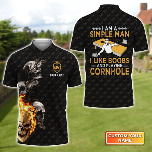 Cornhole Skull Fire Flame Funny Personalized Name 3D Polo Shirt Gift For Cornhole Players QB95 ORN0279