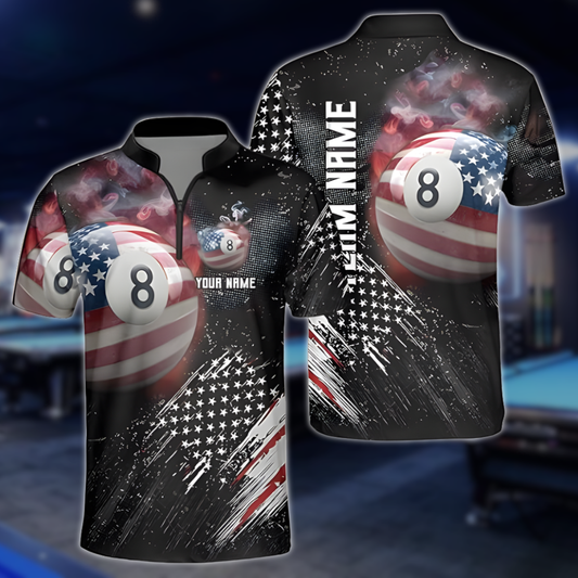 Custom 8 Ball American Flag Billiard Men Jersey, Custom Patriotic Billiard Team Shirts BLD0274