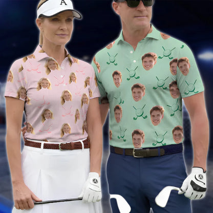 Custom Face Matching Couple Golf Polo Shirts, Custom Photo Matching Golf Shirts GOF0171