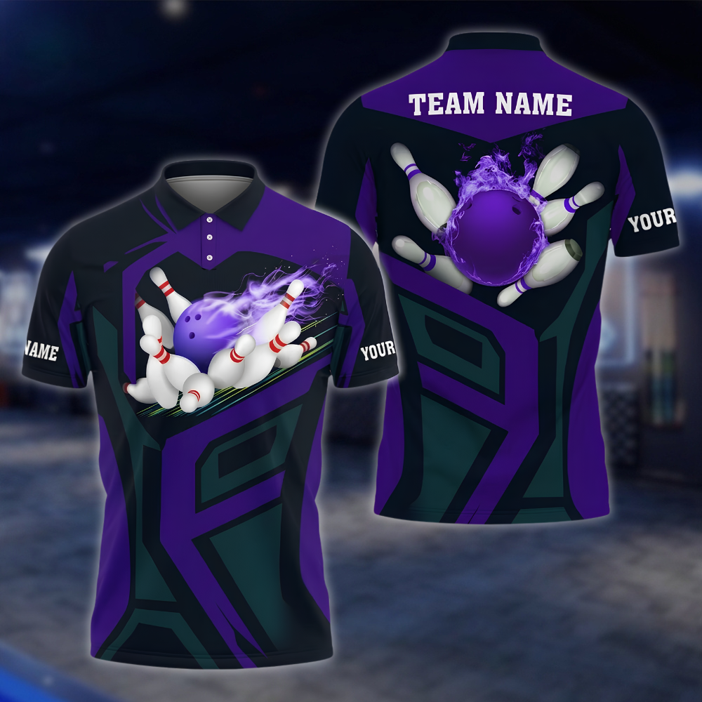 Personalized Flaming Purple Bowling Men Polo Shirt, Custom Flame Bowling Team Shirts BZ0896 BOW0047