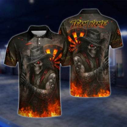 Reaper Skeleton Flaming Custom Mens Dart Polo Shirt, Custom Team Skull Dart Shirts DAT0275