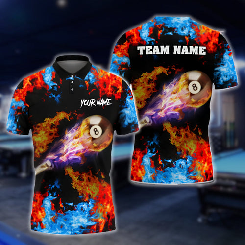 Flame Red Blue Custom Men's 8 Ball Polo Shirt, Custom Flame Billiard Shirt For Team BLD0042