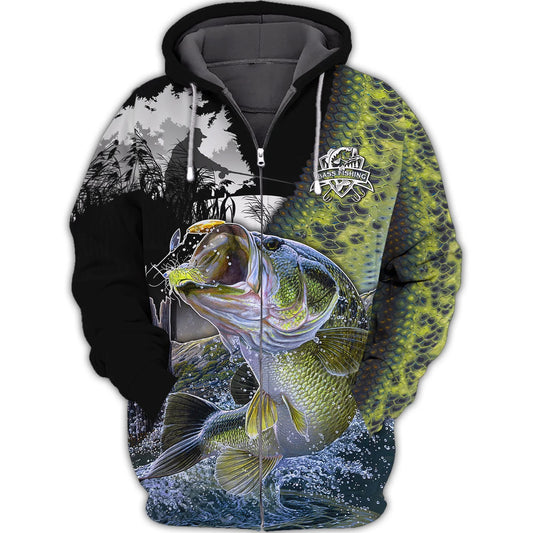 Bass Fishing Shirt Bass Shirts for Men Fish 3D Printed Green Fishing Hoodie Tshirt FISH0023