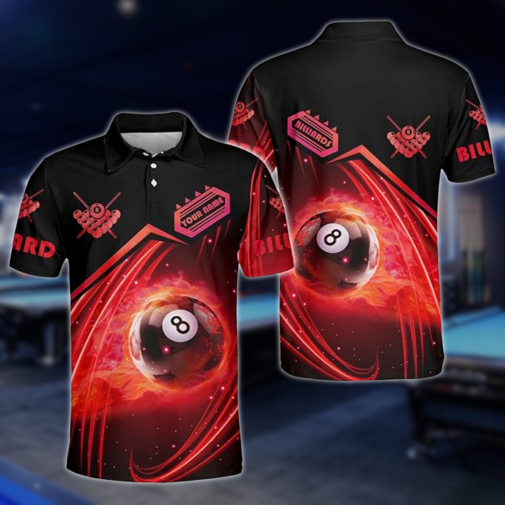 Custom Red Flame 8 Ball Billiard Men Polo Shirts, Custom Flame Pool Billiard Shirts BLD0228