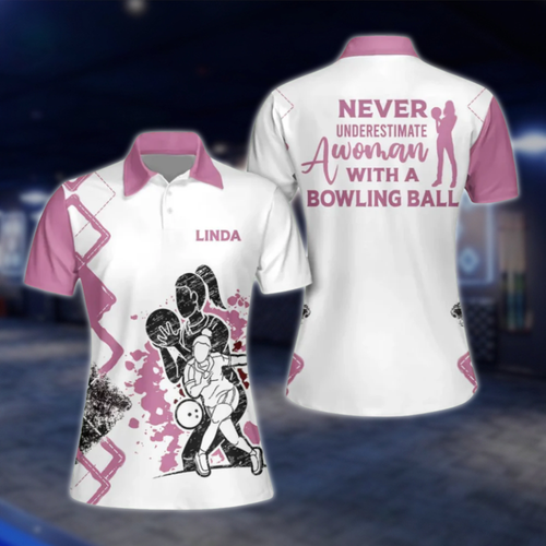 Never Underestimate An Old Women With A Bowling Ball Custom Name Bowling Polo Shirt, Custom Funny Bowling Shirt For Ladies White Pink BW0026 BOW0276