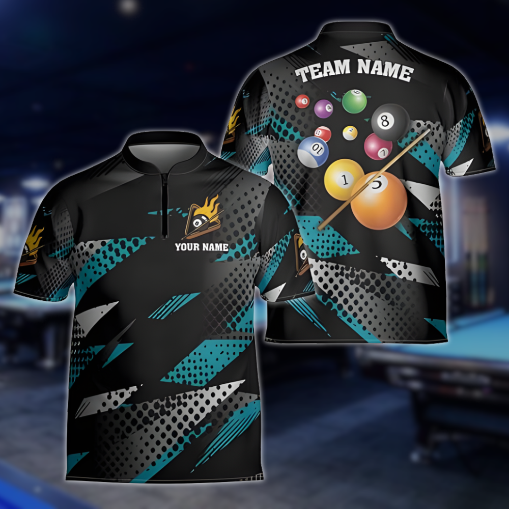 Custom Billiard Team Jersey For Mens, Custom Black And Cyan Pool Billiard Shirts BLD0237