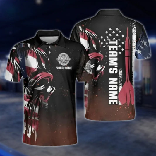 Custom Skull American Flag Dart Polo Shirt For Men, Custom Skull Dart Team Shirts DAT0408
