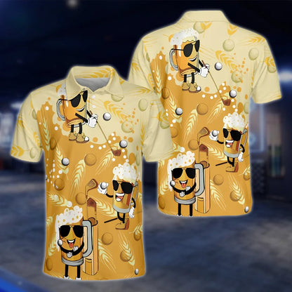 Funny Beer Mug Golf Polo Shirt For Men Yellow, Beer Lover Golf Shirt GOF0158