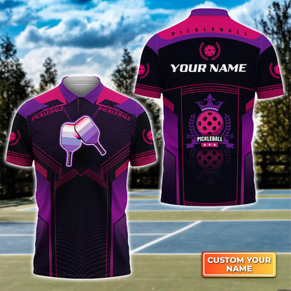 Pickleball Paddles Purple Pattern Personalized Name 3D Polo Shirt QB95 Gift For Pickleball Player PKL0009