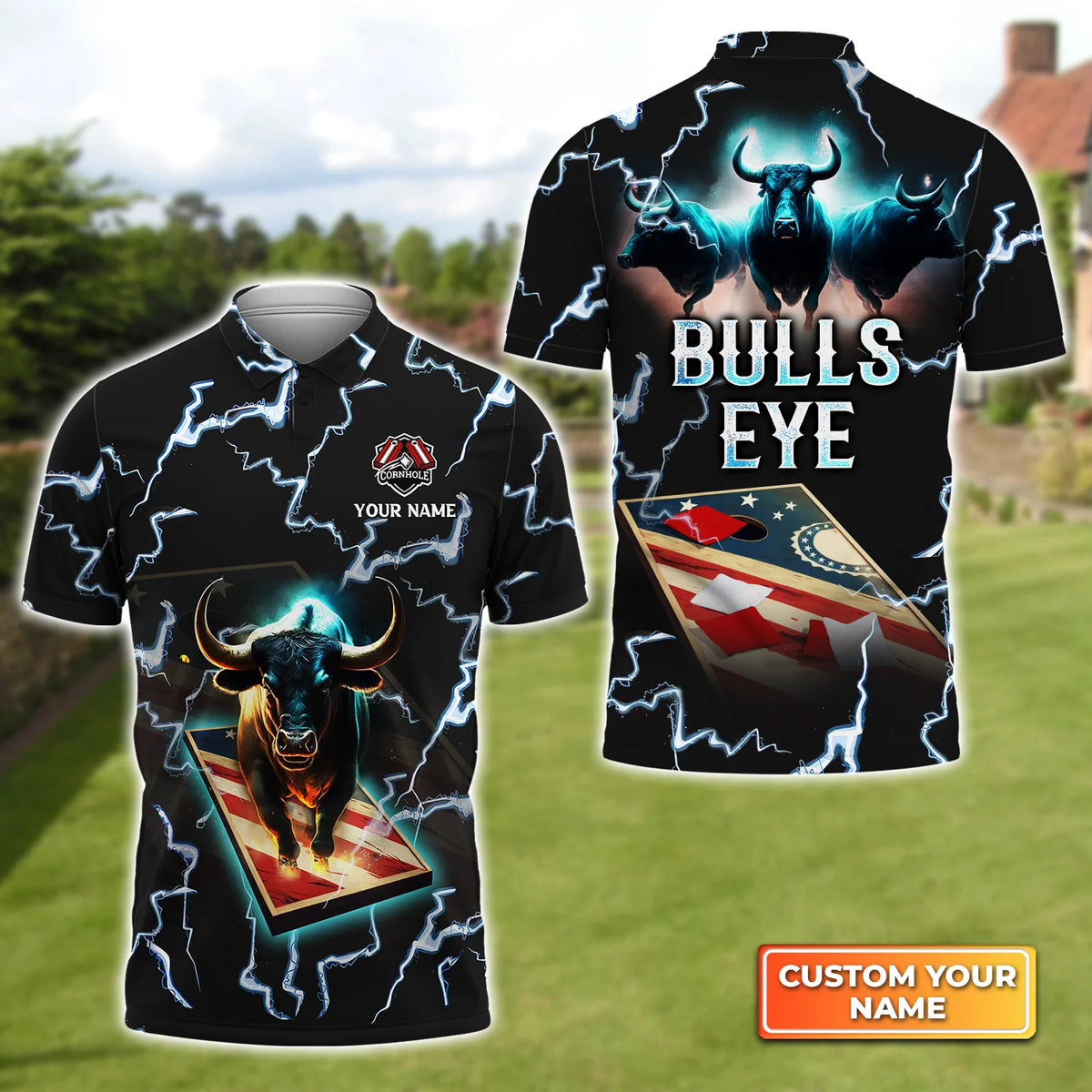 Cornhole Bull Team Blue Thunder Personalized Name 3D Polo Shirt Gift For Cornhole Players QB95 ORN0280