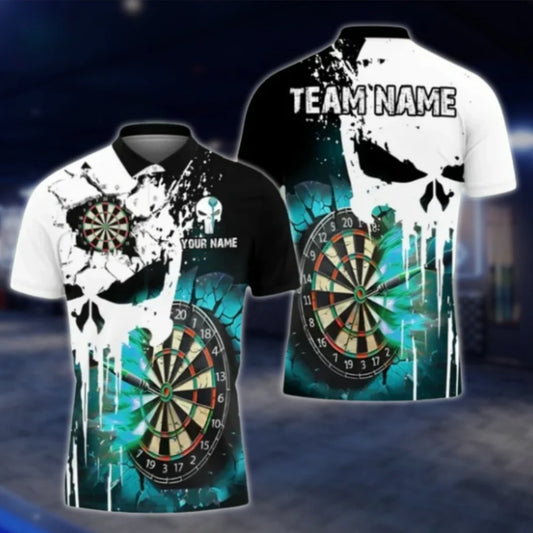 Custom Skeleton Cyan White Men's Dart Polo Shirt, Custom Skull Darts Shirt For Team DAT0342