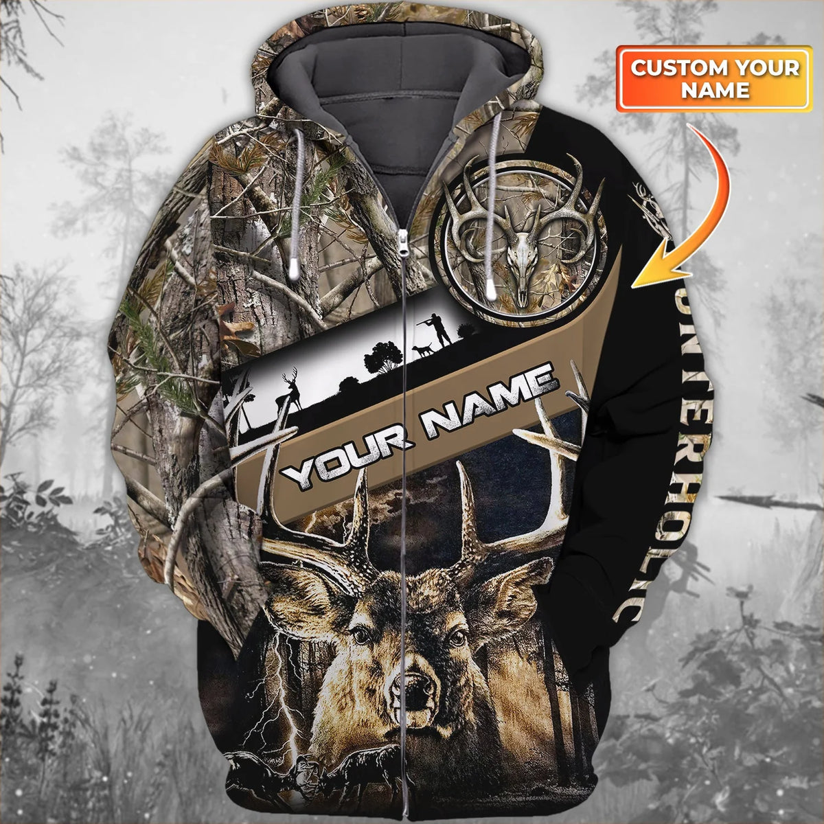 Deer Hunting Personalized Name 3D Zipper Hoodie 154, Nvc97 HNT0074