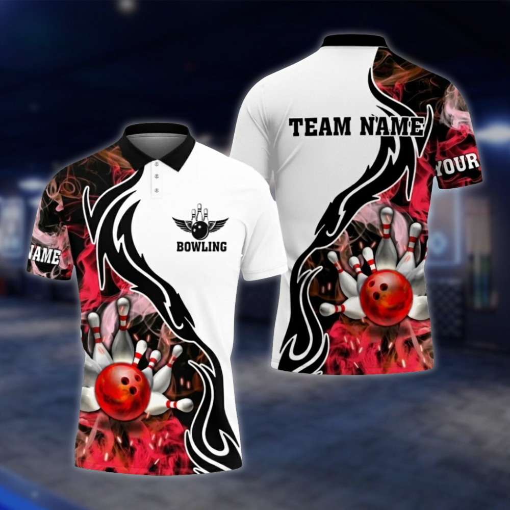 Personalized Flame Smoke Ball Bowling Mens Polo Shirt Red White, Custom Flame Bowling Team Shirt BZ0814 BOW0147