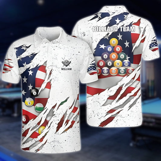 Custom American Flag White Billiard Polo Shirt For Men, Custom Patriotic Billiard Team Shirts BLD0139